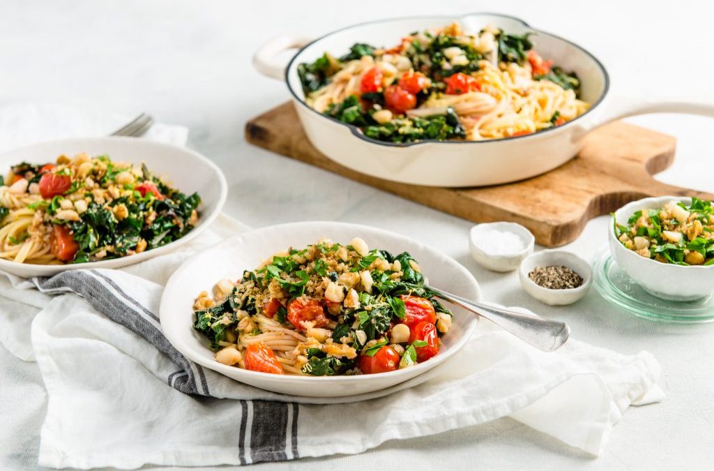 Cherry tomato, macadamia, walnut and silverbeet pasta